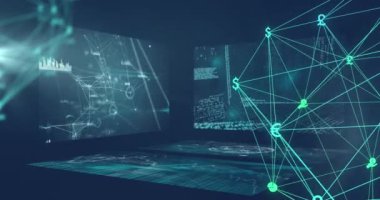 Animation of business icons over data processing and digital screens. Global business and digital interface concept digitally generated video.