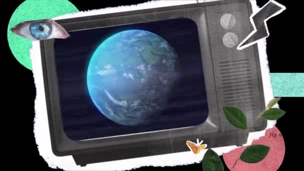 Animation Vintage Globe Eye Plant Flash Black Background Media Television — Stockvideo