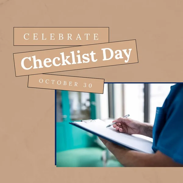Composition Checklist Day Text Caucasian Worker Clipboard Checklist Day Celebration — 图库照片