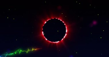 Animation of neon circle over black space with dots and waves. Digital screen, interface and technology concept digitally generated video.