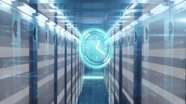 Animation of ticking clock and data processing against computer server room. Computer interface and business data storage technology concept