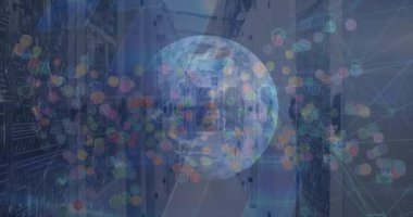 Animation of network of digital icons over globe against empty server room. Global networking and business technology concept