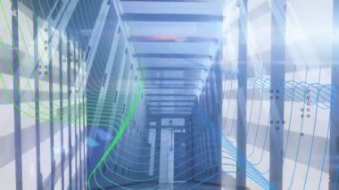 Animation of digital waves against light trails over computer server room. Computer interface and business data storage technology concept