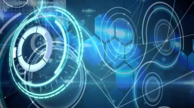 Animation of scope scanning with network of connections and data processing on black background. Global technology, computing and digital interface concept digitally generated video.