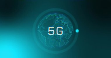 Animation of 5g over globe, circle and digital screen. Global connections, communication, network, data and technology concept digitally generated video.