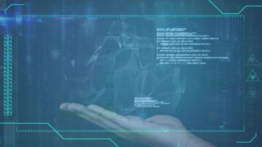 Animation of digital screen with data processing, globe with icons over hand of caucasian woman. Digital interface, data processing, connections and technology concept digitally generated video.