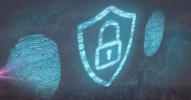 Animation of padlock and fingerprint icons with network of connections over grey background. Global technology, online security and digital interface concept digitally generated video.