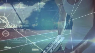 Animation of network of connections with data processing over caucasian woman playing tennis. Global sport, connections and digital interface concept digitally generated video.