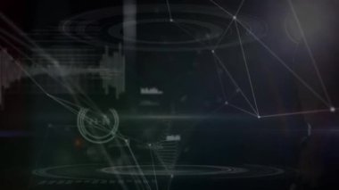 Animation of man running over dna strand and data processing on black interface. Global communication, science, medical research, data and digital interface concept digitally generated video.