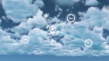Animation of network of communication icons exchanging data over blue cloudy sky. Global communication, business and data sharing concept digitally generated video.