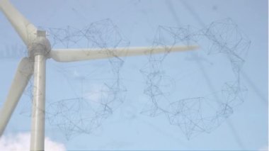 Animation of network of connections over spinning windmill against blue sky. Global networking and renewable energy technology concept