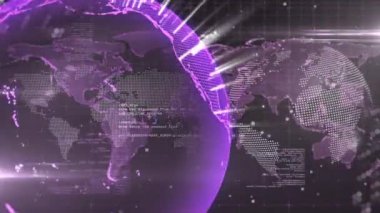 Animation of digital globes rotating with programming codes over grid pattern. Digitally generated, multiple exposure, global network, database, infographic, futuristic and technology concept.