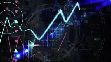 Animation of financial data processing over scope scanning and cityscape. global finances, computing and digital interface concept digitally generated video.