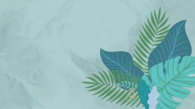 Animation of tropical green and blue plant leaves over moving grey textured background. Nature, creativity and change, abstract background concept digitally generated video.