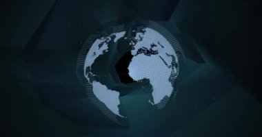 Animation of globe with world map over digital space with shapes. Global computers, network, data and technology concept digitally generated video.