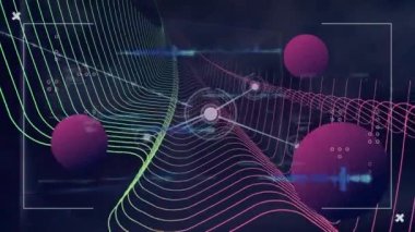 Animation of purple circles, 3d abstract net, connecting dots on digital interface. Digital composite, artificial intelligence, communication, cloud computing, technology, futuristic, connection.