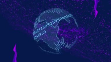 Animation of 3d neon particle waves, numbers with globe rotating on computer graphic background. Digital composite, technology, creativity, science, futuristic, abstract, global communication, data.