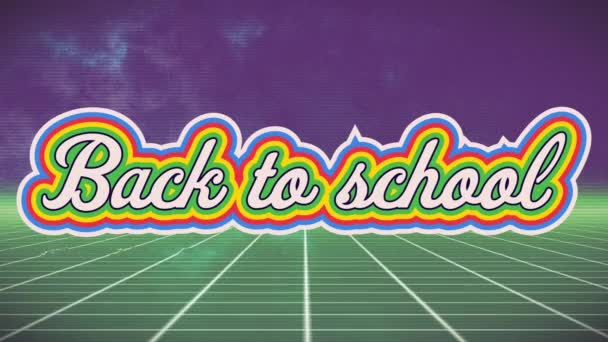Animation Colorful Back School Text Moving Grid Patterns Violet Background — Vídeos de Stock