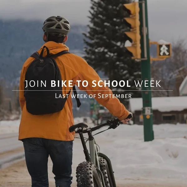 Caucasian Male Bike Walking Snow Join Bike School Week Last — ストック写真