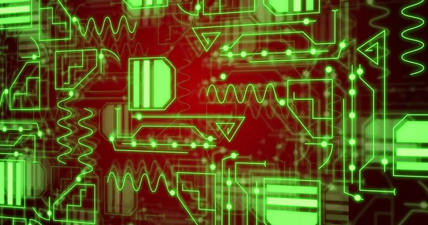 Image Neon Integrated Circuit Red Background Electronics Signal Data Processing — Fotografia de Stock