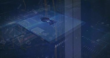 Animation of digital padlock over data processing over computer wires. Data safety, digital security, global network and technology concept digitally generated video.