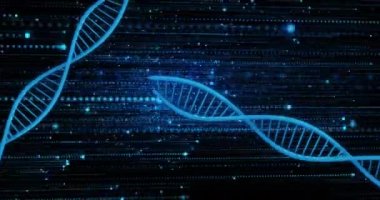 Animation of 6g text over dna strands and light spots on black background. Global technology, computing and digital interface concept digitally generated video.