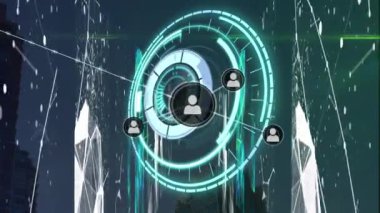 Animation of circular scanner processing with network of people icons exchanging data. Global communication, business, data security and digital interface concept digitally generated video.