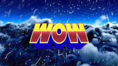 Animation of wow over integrated circuit and night cloudy sky. video games, communication and entertainment concept digitally generated video.