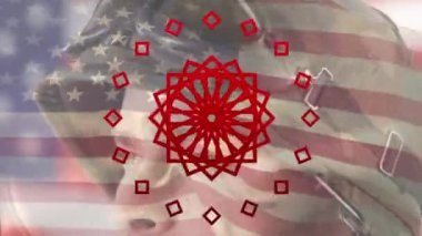 Beyaz askerin portresi üzerine Amerika bayrağı ile birlikte çiçek desenlerinin animasyonu. Dijital bileşim, çoklu pozlama, soyut, gurur, ordu, silahlı kuvvetler, vatanseverlik, kimlik.