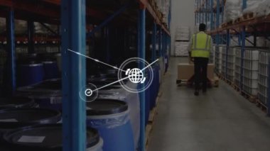 Animation of network of connections with icons over worker in warehouse. Global business and digital interface concept digitally generated video.