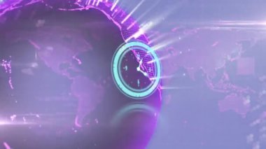 Animation of neon ticking clock over spinning globe and world map against blue background. Global networking and business technology concept