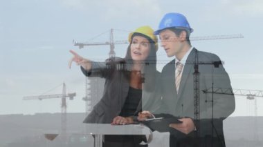 Animation of diverse business people over building site. global business, computing and digital interface concept digitally generated video.