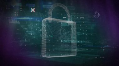 Animation of security padlock over dna and data processing. Global communication, science, research, data security and digital interface concept digitally generated video.