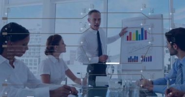 Animation of glitch and graphs over diverse businesspeople in office. Business, finance, economy and technology concept digitally generated video.