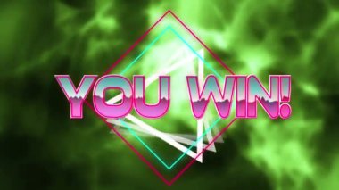 Animation of you win text with triangular and square shapes against green abstract background. Digitally generated, abstract, video game, arcade, achievement and competition concept.