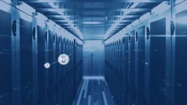 Animation of network of media icons and data processing over computer server room. Global communication, business, data and digital interface concept digitally generated video.