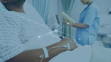 Çeşitli kadın doktor ve erkek hastalarla olan bağlantıların animasyonu. Dijital olarak üretilen sağlık, tıp, bağlantılar ve teknoloji konsepti.