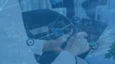 Animation of connections and metaverse city over hands of caucasian man using tablet. Health, medicine, communication and technology concept digitally generated video.