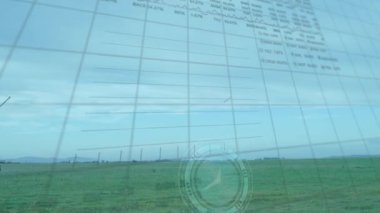Animation of statistical and stock market data processing over landscape with green grassland. Business data and analytics technology concept