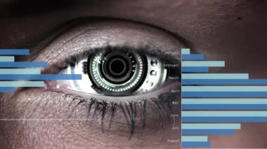 Animation of statistical data processing over close up of female eye. Cyber security and business technology concept