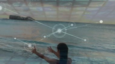 Animation of network lines connecting dots, caucasian woman in bikini exercising at beach. Digital composite, multiple exposure, connect the dots, wellbeing, fitness, healthy lifestyle.