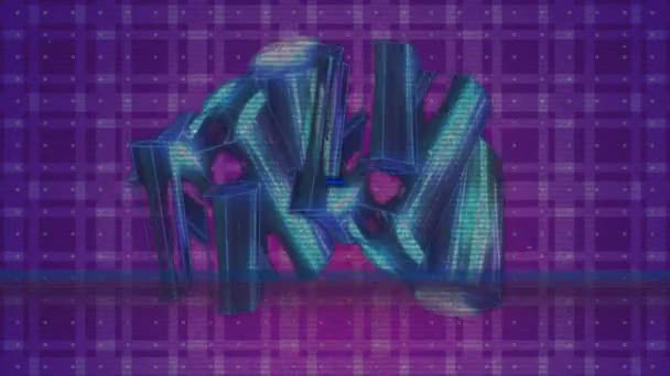 Animation Level Text Blue Cluster Metallic Shapes Purple Square Pattern — Stock video