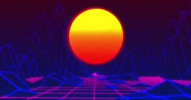 Image of interference and sun over digital mountains on black background. Abstract background, colour and movement concept digitally generated image.