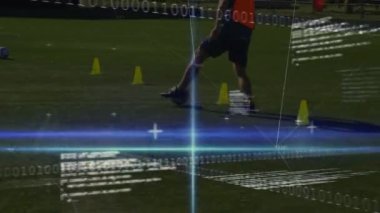 Animation of digital interface over football players. global connections, sports and competition concept digitally generated video.