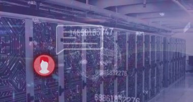 Animation of message and numbers over servers. Network, computers, social media, data processing and technology concept digitally generated video.