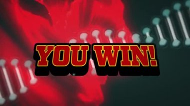 Animation of explosive shape with you win text against dna helix and red, black abstract background. Digitally generated, genetic, abstract, video game, arcade, achievement and competition concept.