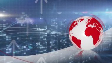 Animation of globe, arrows and data processing over computer servers. Global computing, data processing and networks concept digitally generated video.
