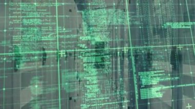 Animation of data processing over grid network and light trails against computer server room. Global networking and business data storage technology concept