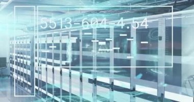 Animation of numbers and data processing on screen over computer servers. Global computing and data processing concept digitally generated video.