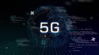 Animation of 5g over globe and data processing on digital screen. Global network, communication and technology concept digitally generated video.